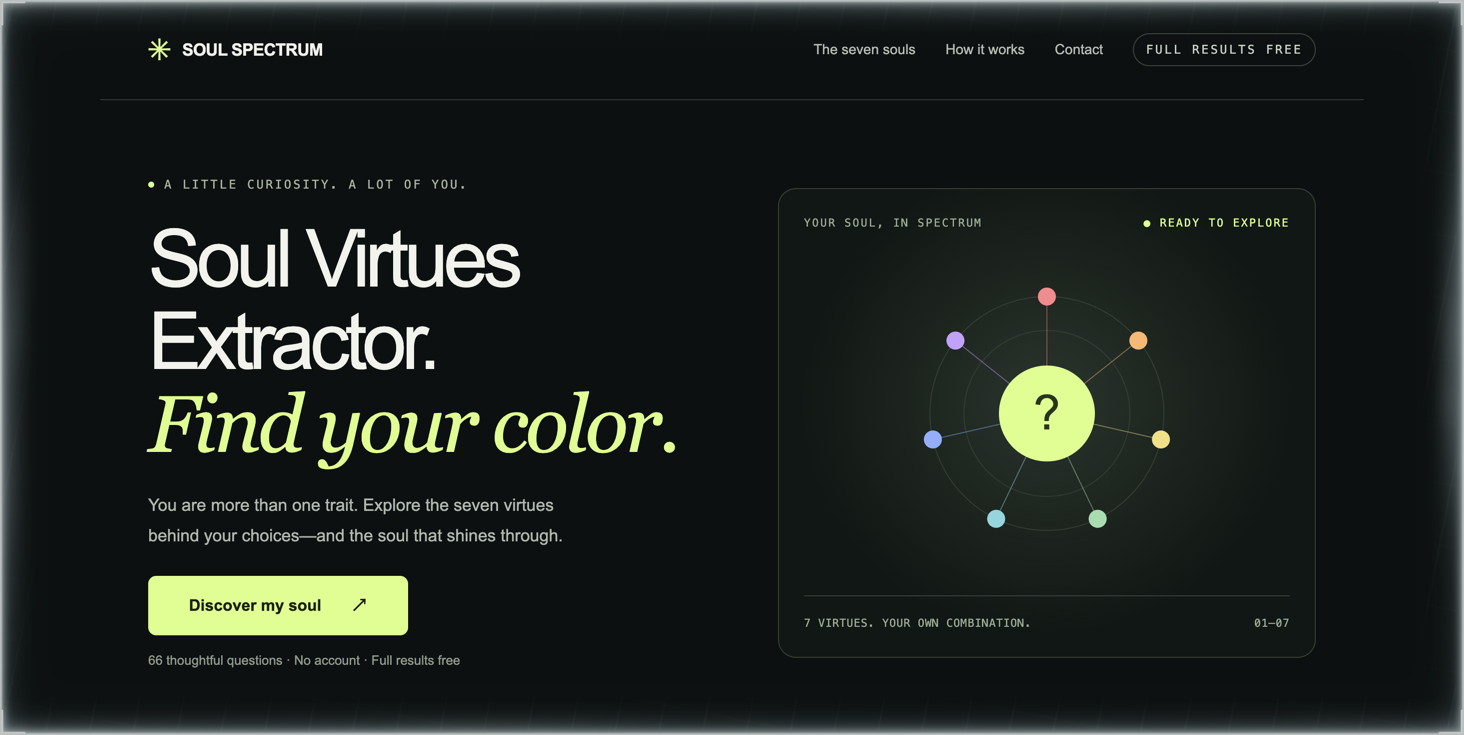 The Soul Virtues Extractor home page — “Soul Virtues Extractor. Find your color.” with the seven-soul radar chart, the “Discover my soul” start button and the promise of 66 thoughtful questions, no account and full results free.